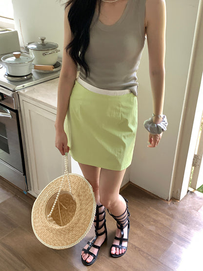 niche solid color A-line double waist light green short skirt