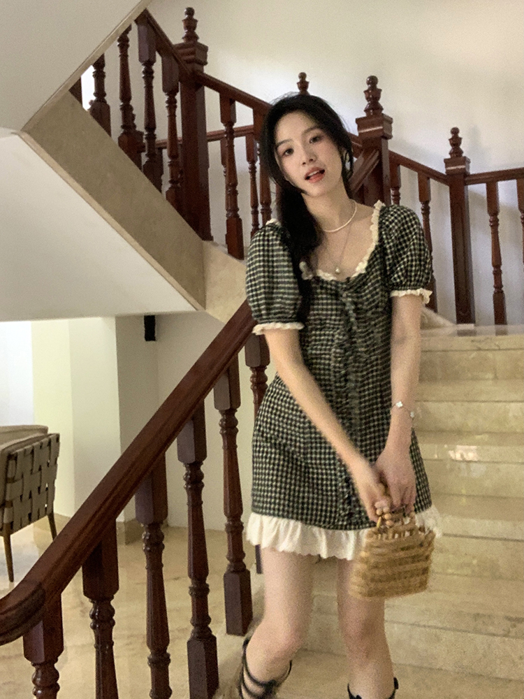 retro plaid lace  short-sleeved dress female summer 2024 new