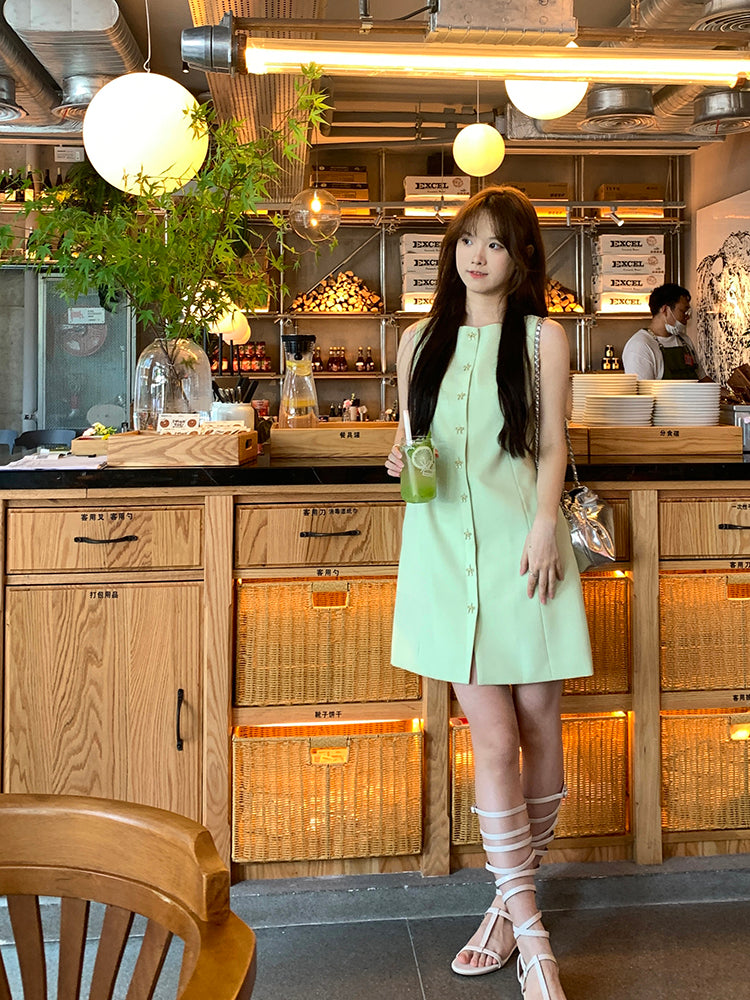 round-neck Korean style atmosphere dress with bow button for women