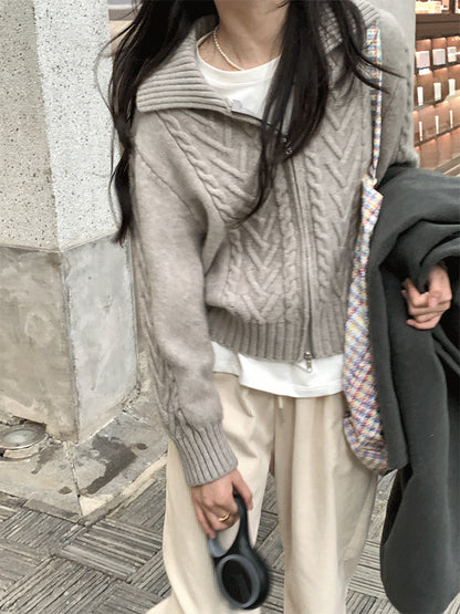 grey zipper cable knit sweater coat female lapel retro knitted cardigan gentle  top