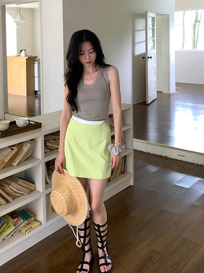 niche solid color A-line double waist light green short skirt