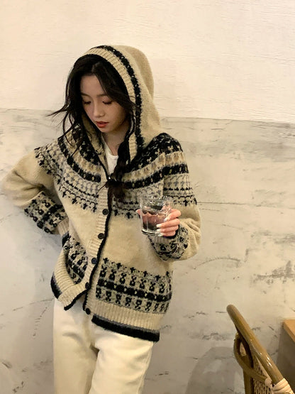 autumn new contrast retro lazy style hooded cardigan sweater coat