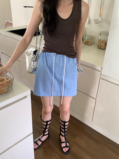 blue drawstring casual high waist A-line half-length  short skirt