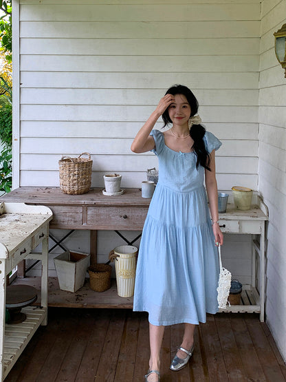 loose puff sleeve blue square collar dress