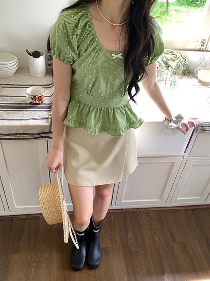 niche thin  unique green polka dot short-sleeved top shirt for women