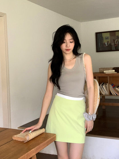 niche solid color A-line double waist light green short skirt