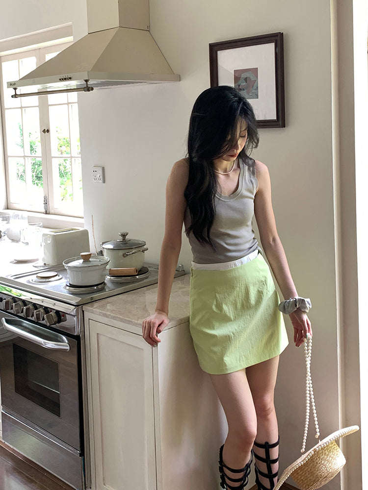 niche solid color A-line double waist light green short skirt